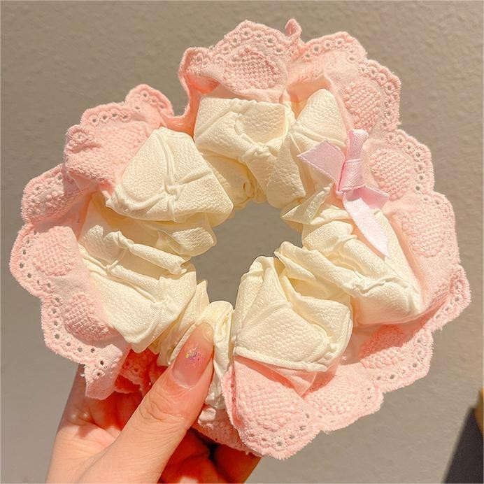 Dây Cột Tóc Scrunchies Viền Ren Nơ Hồng Xinh Xắn Nàng Thơ Phong Cách Hàn Quốc Phụ Kiện Tóc Nữ
