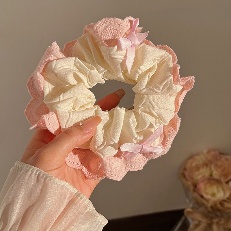 Dây Cột Tóc Scrunchies Viền Ren Nơ Hồng Xinh Xắn Nàng Thơ Phong Cách Hàn Quốc Phụ Kiện Tóc Nữ
