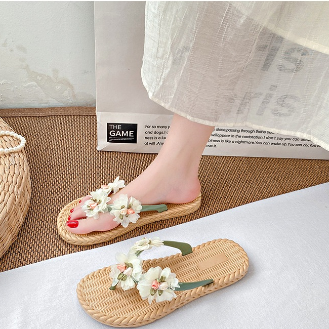 Laylalay.n - [Sẵn size] Dép cói nữ xỏ ngón đính hoa voan cánh nhỏ - ứng dụng cao, văn phòng, đi dạo, đi biển - LAL42
