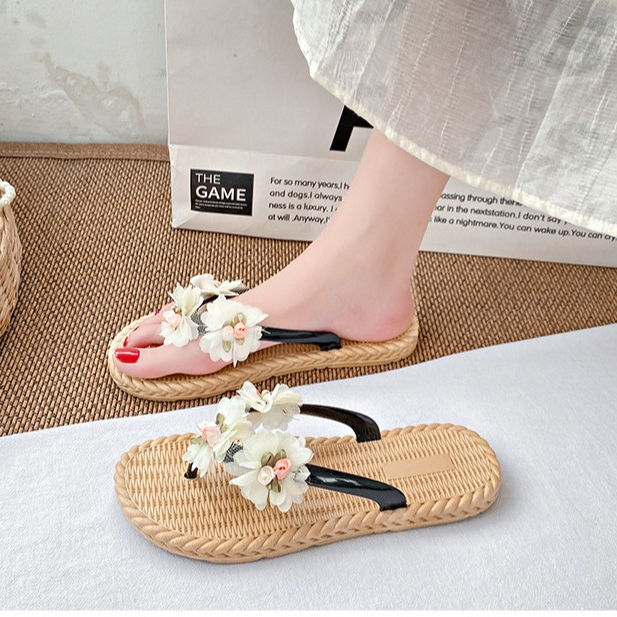 Laylalay.n - [Sẵn size] Dép cói nữ xỏ ngón đính hoa voan cánh nhỏ - ứng dụng cao, văn phòng, đi dạo, đi biển - LAL42