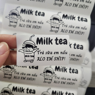 Set 50 Tem dán chai trà sữa in sẵn Sticker dán ly trà chanh chai lọ Milk tea KT 5x3 cm