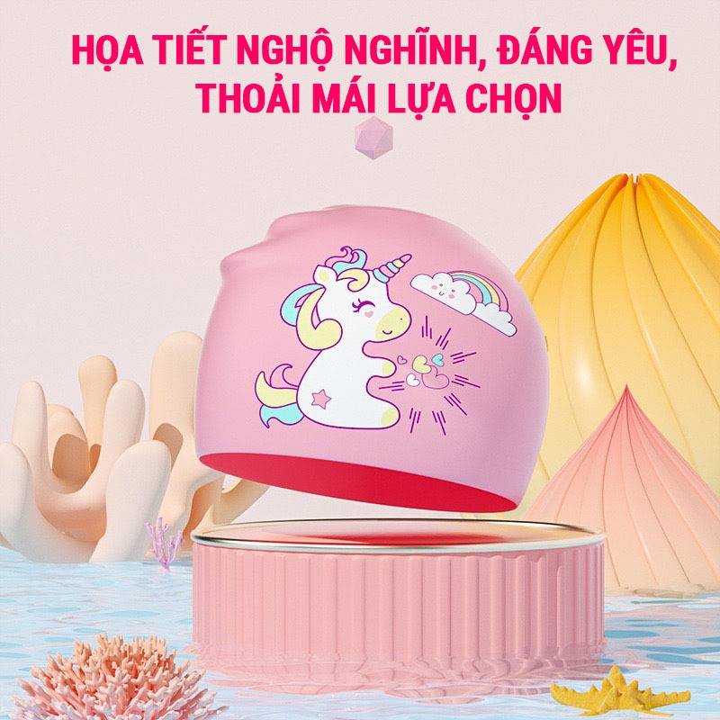 Mũ bơi trẻ em CA46 họa tiết dễ thương, silicon độ bền cao tạo cảm giác thoải mái an toàn SPORTY