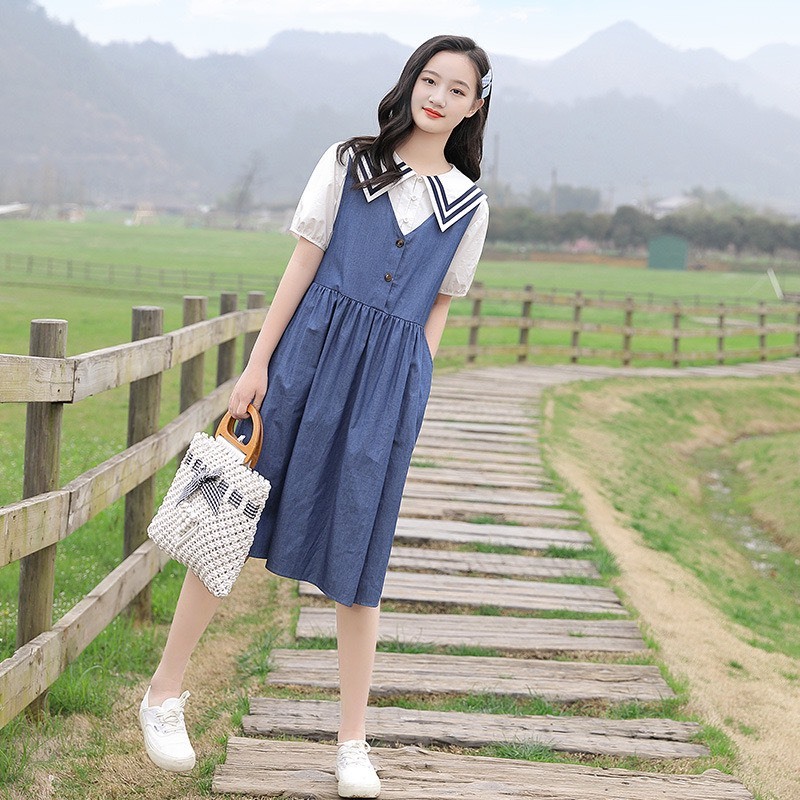 Set váy jean giấy kèm áo sơ mi BEESHOP H24109