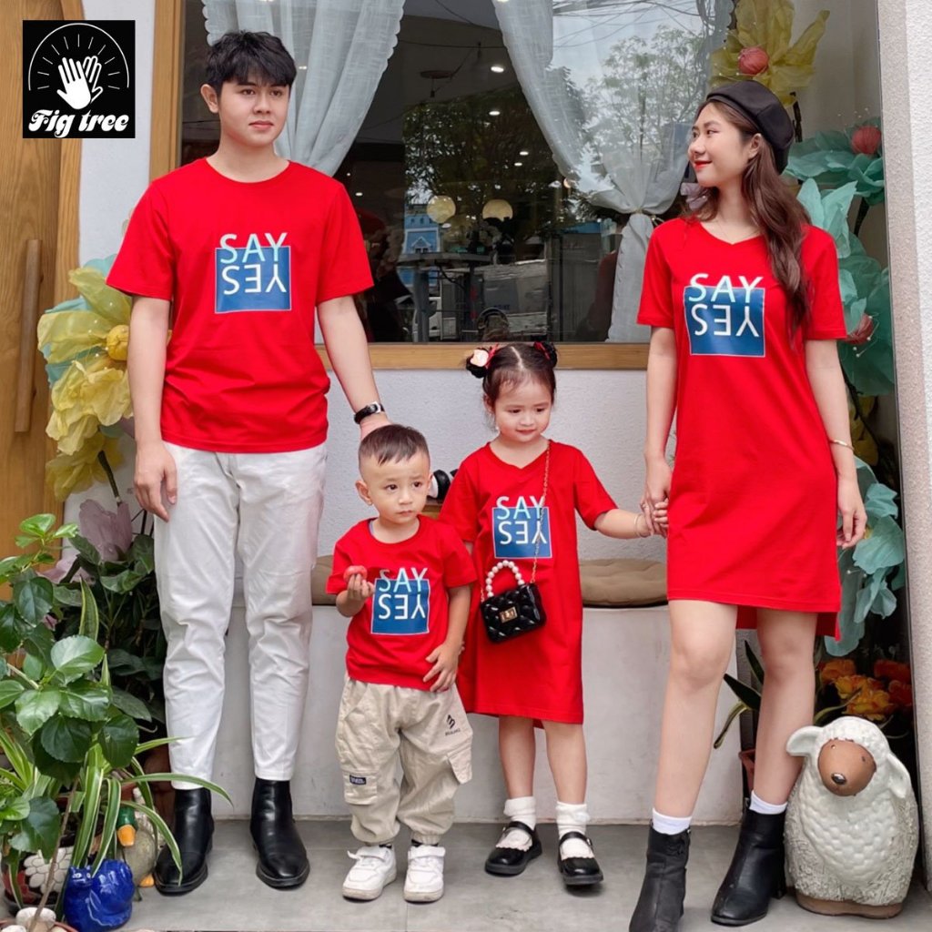 Set Đồ Gia Đình Thun Cotton Màu Đỏ Cổ Tròn, Áo Nam Váy Nữ, Vải Dày Dặn, Mềm Mát, Năng Động
