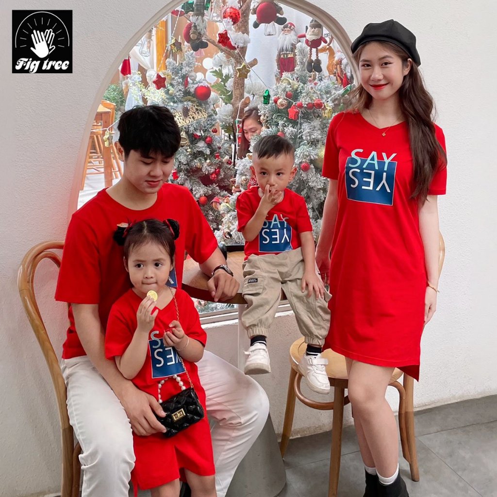 Set Đồ Gia Đình Thun Cotton Màu Đỏ Cổ Tròn, Áo Nam Váy Nữ, Vải Dày Dặn, Mềm Mát, Năng Động