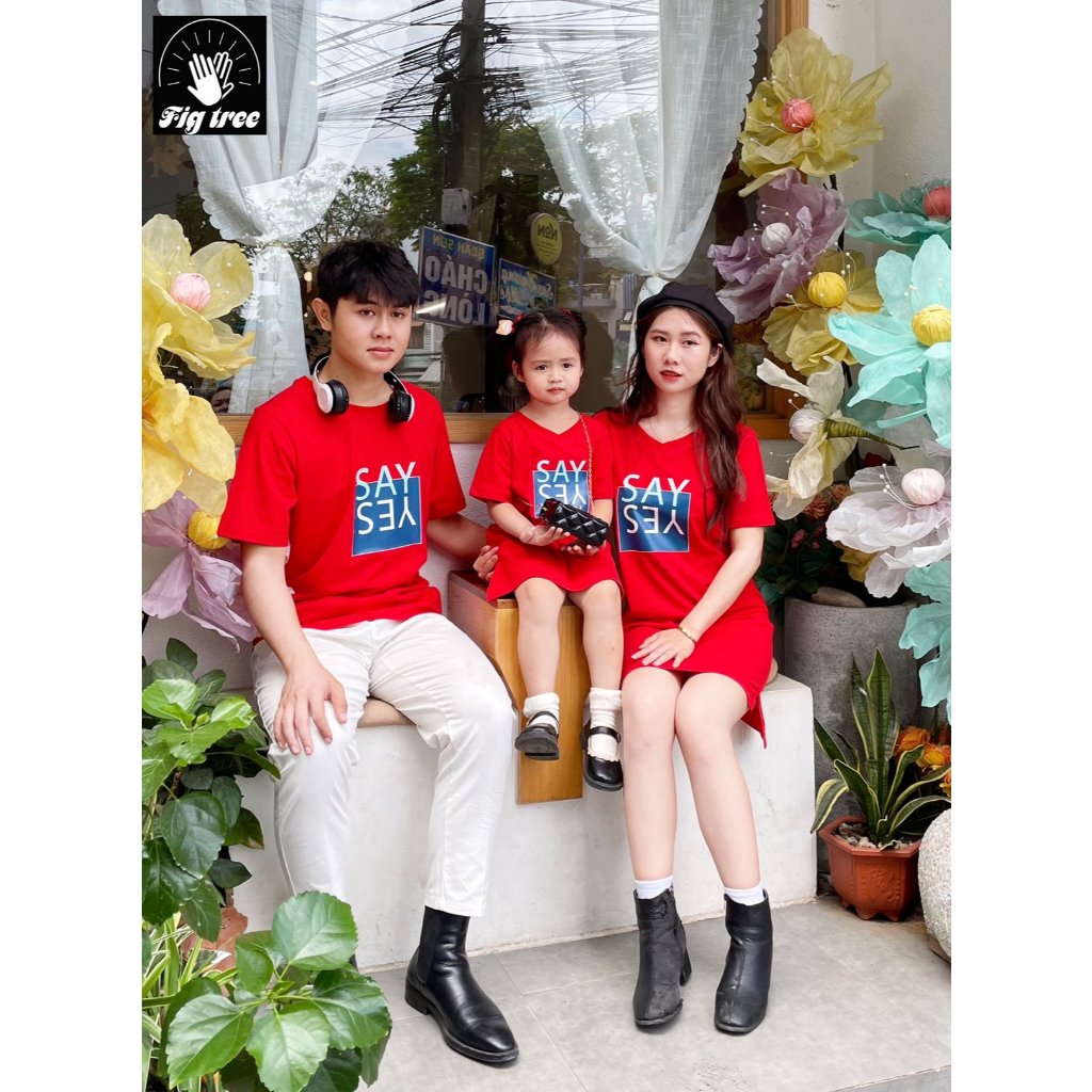 Set Đồ Gia Đình Thun Cotton Màu Đỏ Cổ Tròn, Áo Nam Váy Nữ, Vải Dày Dặn, Mềm Mát, Năng Động