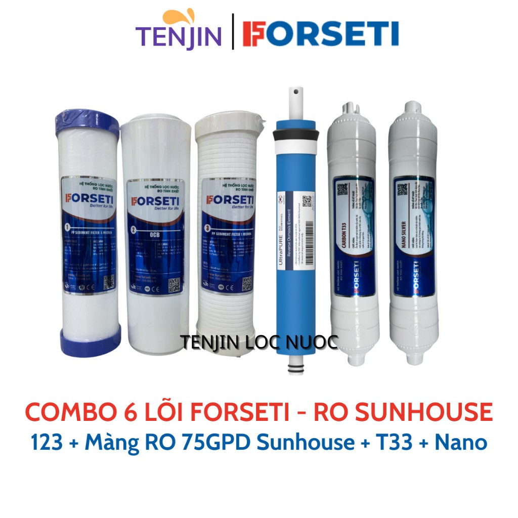 Combo 6 Lõi Lọc Nước FORSETI Gồm 123 + Màng RO50 Karofi/Màng RO Sunhouse/Màng RO Kangaroo + Carbon T33, Nano Silver