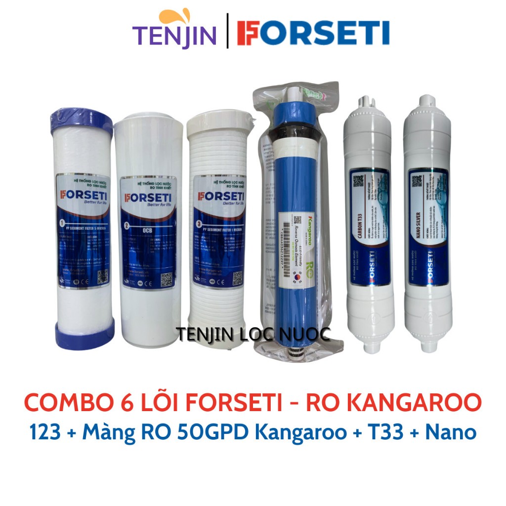 Combo 6 Lõi Lọc Nước FORSETI Gồm 123 + Màng RO50 Karofi/Màng RO Sunhouse/Màng RO Kangaroo + Carbon T33, Nano Silver