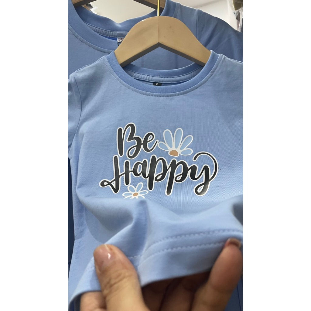 Đồng Phục Áo Thun Gia Đình Màu Xanh Nhạt Tươi Mát in Chữ Be Happy, Áo Thun Cotton Dày Dặn