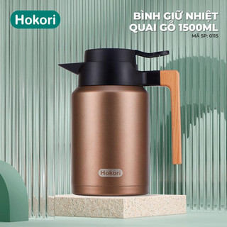 Bình giữ nhiệt quai gỗ 1,5L Hokori 0115, Bình trà inox giữ nhiệt Cam Homeware