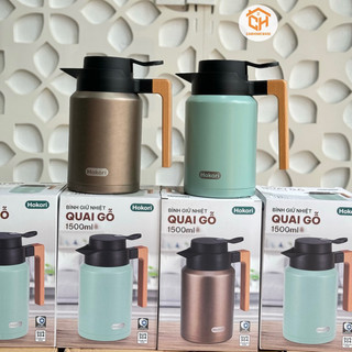 Bình giữ nhiệt quai gỗ 1,5L Hokori 0115, Bình trà inox giữ nhiệt Cam Homeware