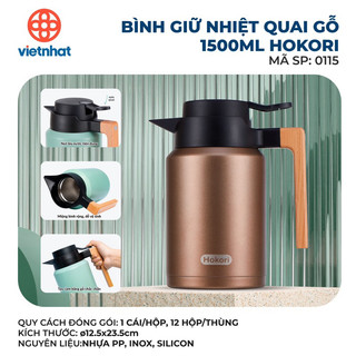 Bình giữ nhiệt quai gỗ 1,5L Hokori 0115, Bình trà inox giữ nhiệt Cam Homeware