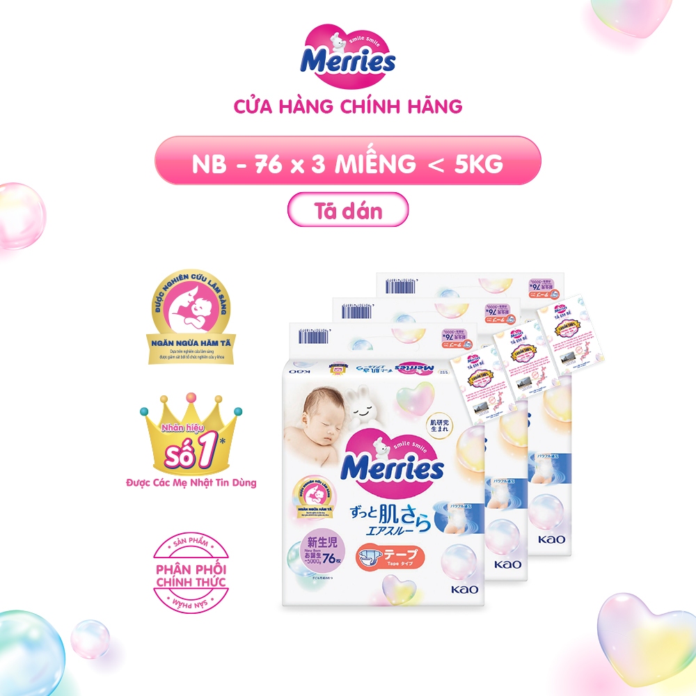 Ảnh Combo 3 Tã/bỉm dán Merries Đủ Size NB76/S70/M56/L48/XL40 2
