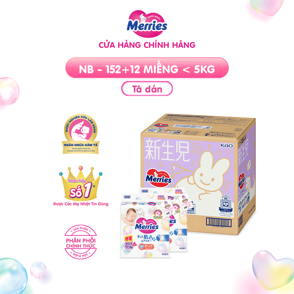 Ảnh Thùng 2 Tã/bỉm dán Merries cộng miếng đủ size NB82/S76/M60 2