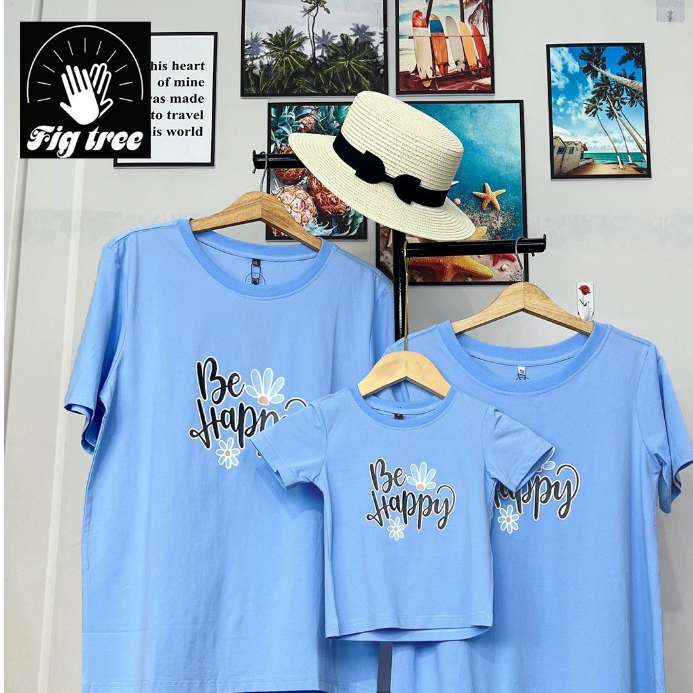 Đồng Phục Áo Thun Gia Đình Màu Xanh Nhạt Tươi Mát in Chữ Be Happy, Áo Thun Cotton Dày Dặn