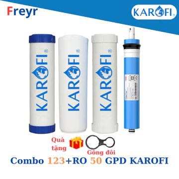 Combo 4 lõi lọc thô 123 và màng RO 50GPD Karofi, dùng cho cốc lọc 10 inch và vỏ màng RO