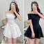 Váy thiết kễ Trễ Vai Phối Nơ Tay Chun 2 Màu Siêu Xinh, Set váy cup ngực phong cách Hàn Quốc