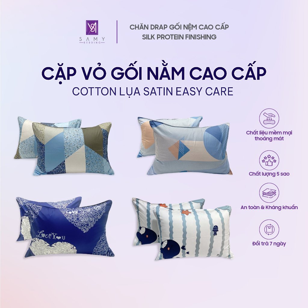 Ảnh Cặp Vỏ Gối Nằm Cotton Lụa Satin Hoa Văn Cao Cấp SAMY BEDDING Mềm Mại Thoáng Mát 1