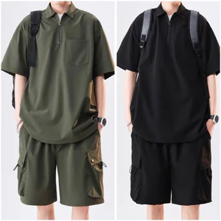 Set bộ quần áo sơ mi Zip đũi chất cotton đũi cao cấp, Áo cộc tay lỡ unisex basic, Full logo tag, hợp mọi thời đại