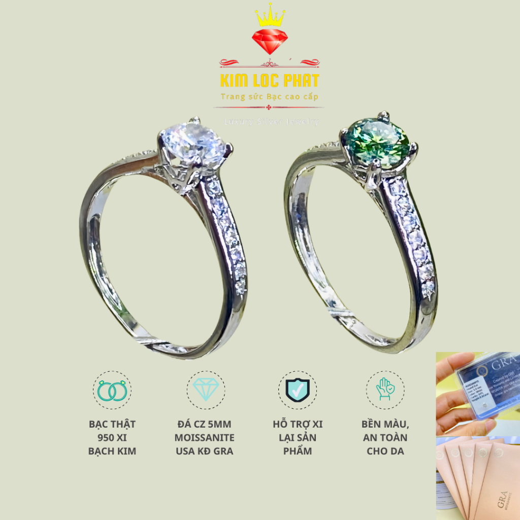 Nhẫn Moissanite màu trắng nhỏ chủ 5mm, Nhẫn bạc nữ xi bạch kim, Nhẫn kim cương nhân tạo moissanite