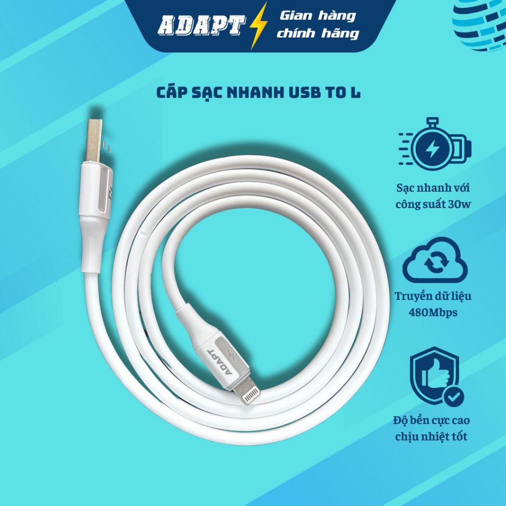 Cáp sạc nhanh, cáp dữ liệu Adapt USB to L 30W chống nóng lạnh