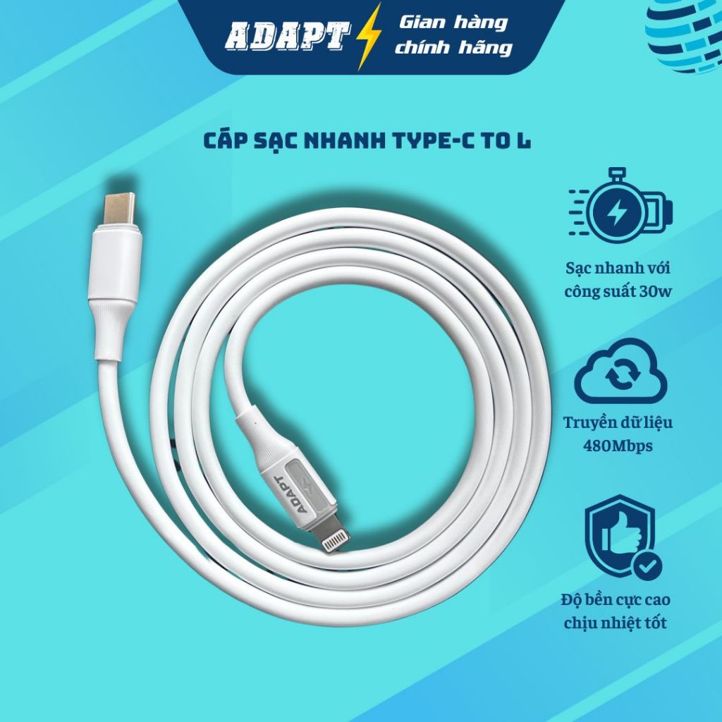 Cáp sạc nhanh, cáp truyền dữ liệu Adapt Type C to L công suất 30w chính hãng, chất lượng