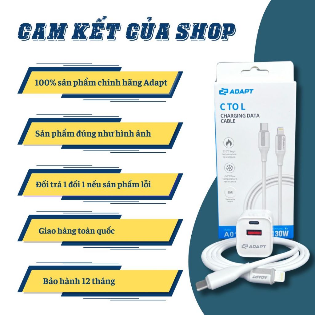 Cáp sạc nhanh, cáp truyền dữ liệu Adapt Type C to L công suất 30w chính hãng, chất lượng
