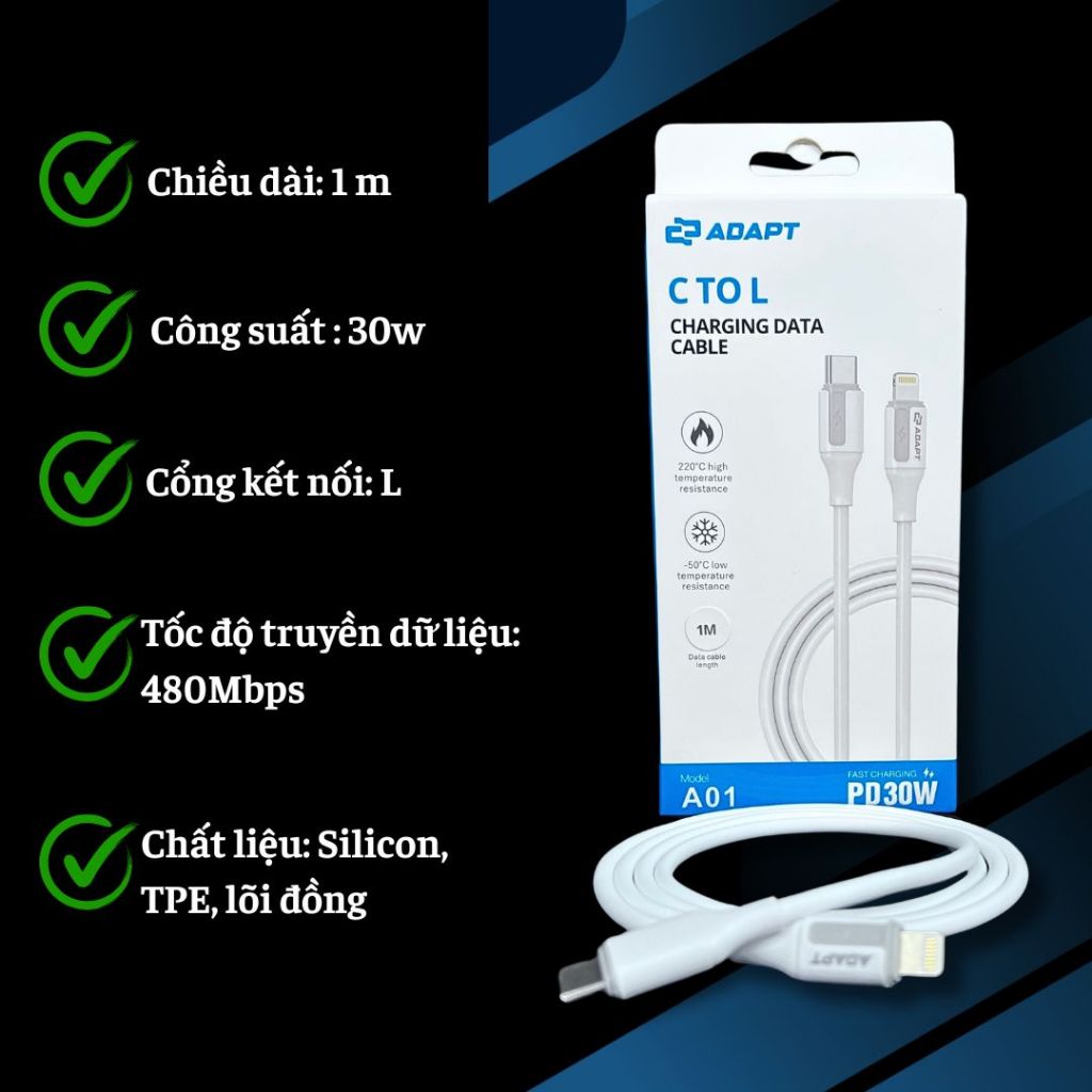 Cáp sạc nhanh, cáp truyền dữ liệu Adapt Type C to L công suất 30w chính hãng, chất lượng