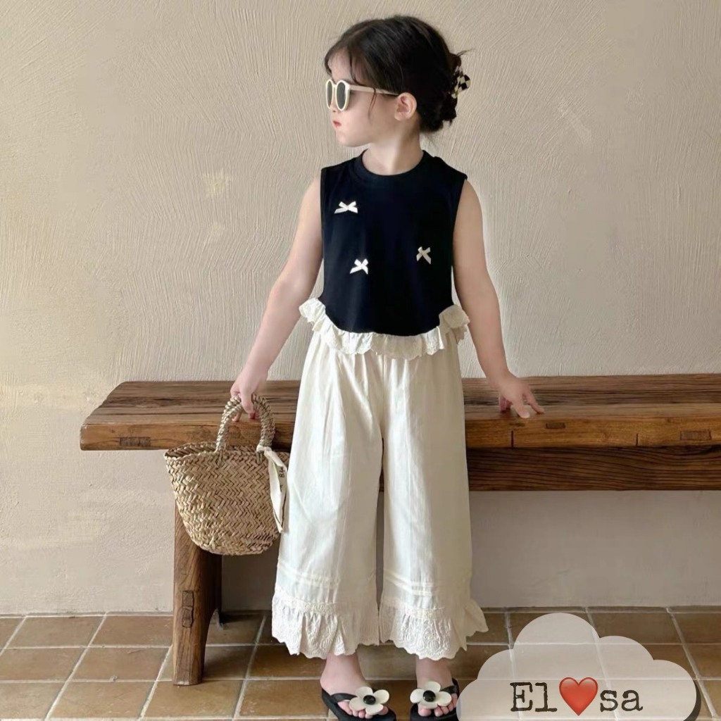Quần áo bé gái - BỘ SÁT NÁCH QUẦN SUỒNG ĐÍNH NƠ Siêu Xinh cho bé 1-8 Tuổi