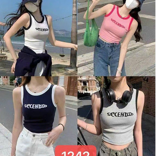 -Áo Ba Lỗ Nữ Cotton Tăm Kèm Mút Đệm Ngực Phối CHữ Thiêu Trước Ngực Cá Tính mã 859