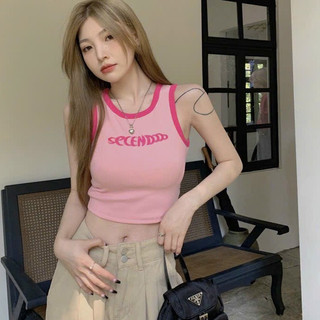 -Áo Ba Lỗ Nữ Cotton Tăm Kèm Mút Đệm Ngực Phối CHữ Thiêu Trước Ngực Cá Tính mã 859