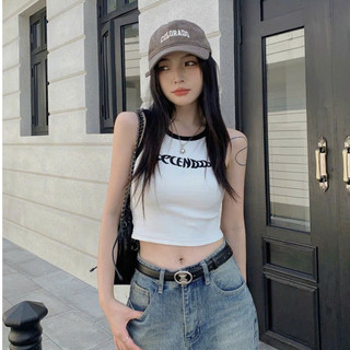 -Áo Ba Lỗ Nữ Cotton Tăm Kèm Mút Đệm Ngực Phối CHữ Thiêu Trước Ngực Cá Tính mã 859