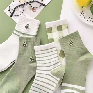 Set 5 đôi tất cổ trung xanh bơ pastel, họa tiết caro – kẻ sọc, cotton mềm thoáng khí
