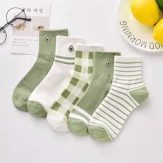 Set 5 đôi tất cổ trung xanh bơ pastel, họa tiết caro – kẻ sọc, cotton mềm thoáng khí
