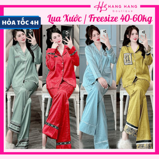 Đồ ngủ nữ 40-60kg, pijama dài tay viền đáp nhiều mẫu lụa xước mềm mát 60DD08, đồ bộ nữ đồ mặc nhà trơn sang chảnh