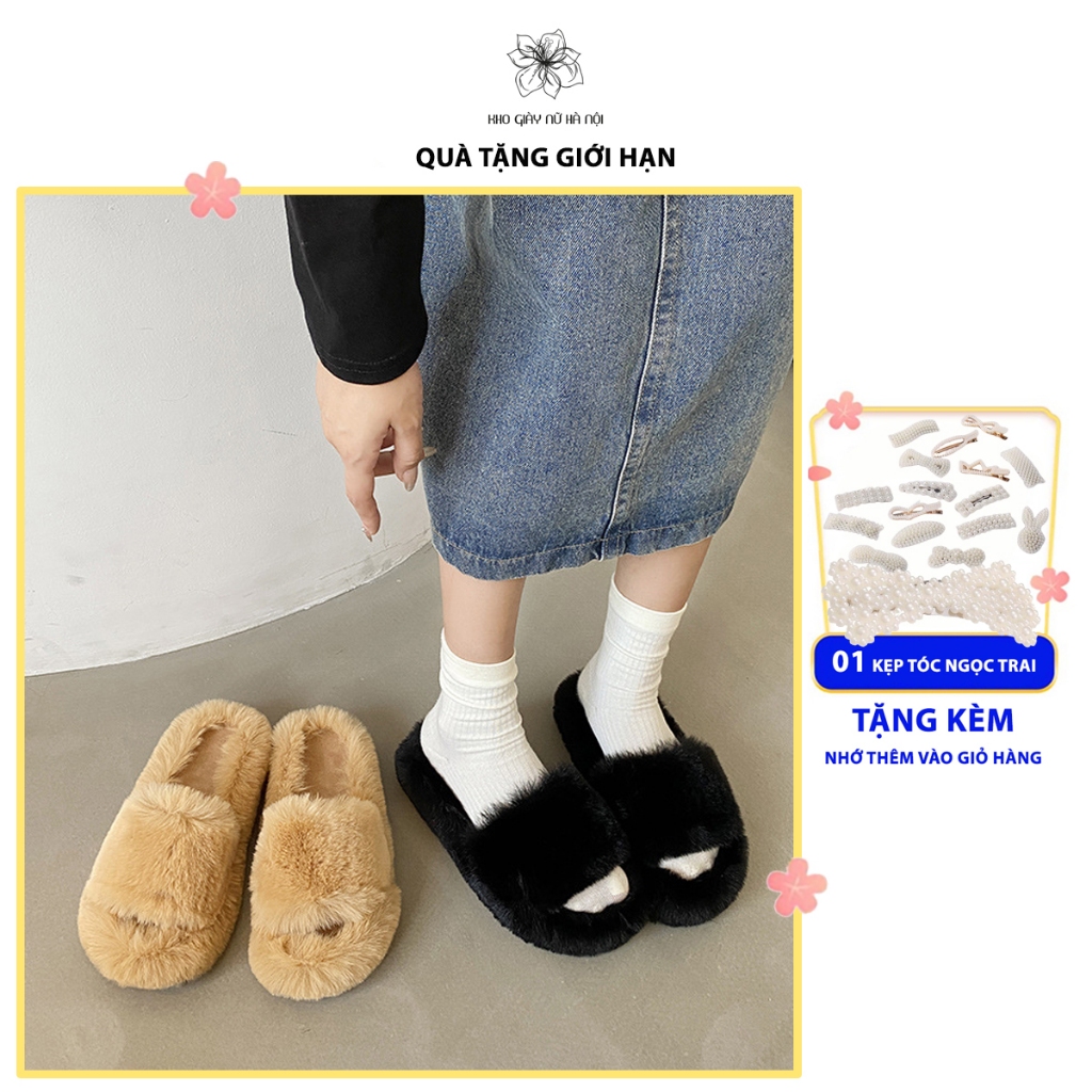 Dép lông đi trong nhà một quai đế 4CM, dép bông nữ thời trang thu đông hottrend DL03