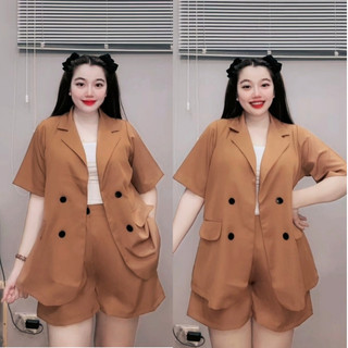 Set Vest Nữ Bigsize Áo Balazer Tay Ngắn Kèm Quần Short Lưng Chun Vải Thời Trang Công Sở SVET