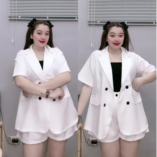 Set Vest Nữ Bigsize Áo Balazer Tay Ngắn Kèm Quần Short Lưng Chun Vải Thời Trang Công Sở SVET