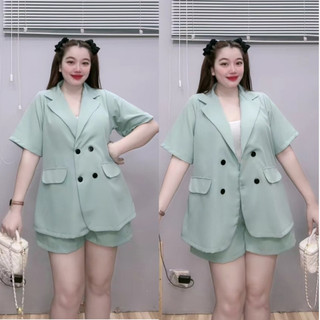 Set Vest Nữ Bigsize Áo Balazer Tay Ngắn Kèm Quần Short Lưng Chun Vải Thời Trang Công Sở SVET