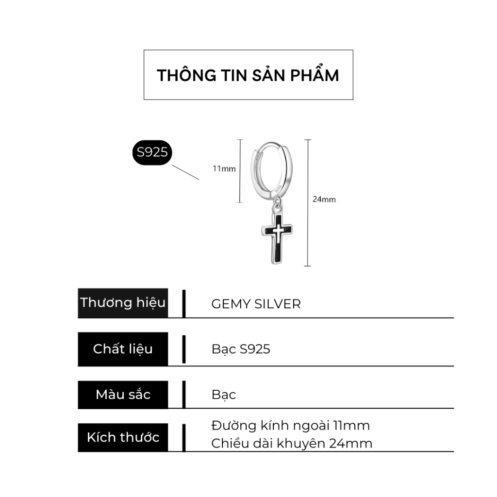 Khuyên tai tròn nam bạc s925 thiết kế hình chữ thập thánh giá đen 2 cá tính unisex (1 chiếc) KN122 | GEMY SILVER