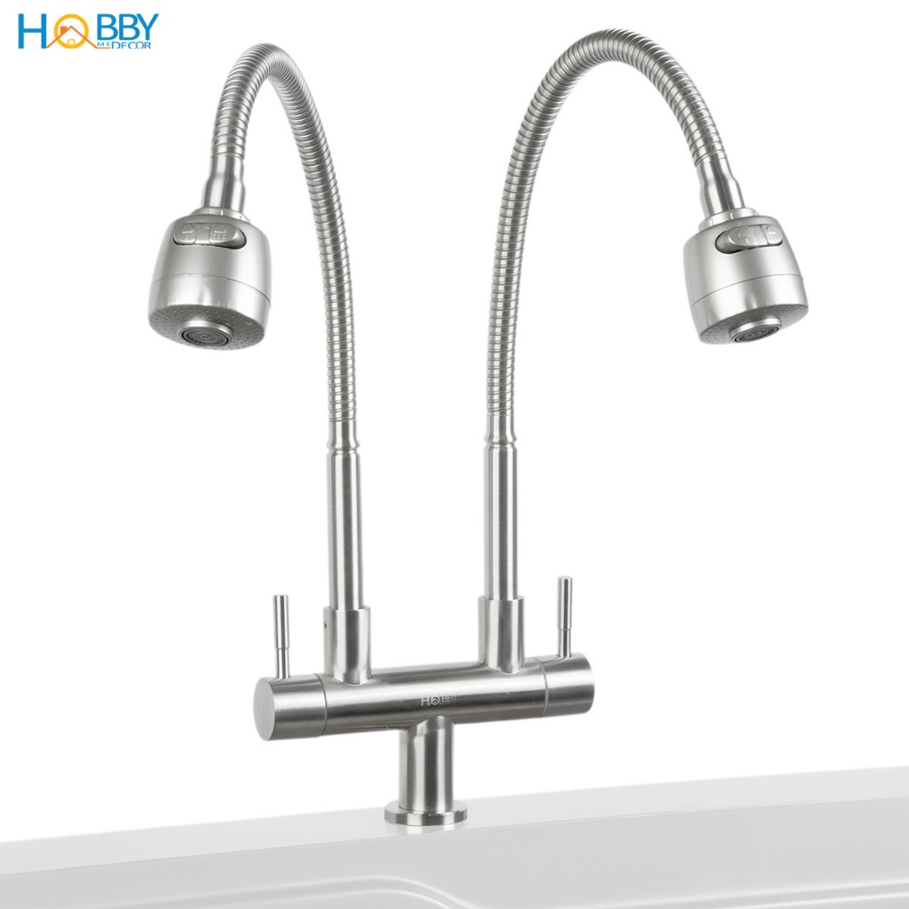 Vòi rửa chén 2 đầu tăng áp thân lò xo inox 304 Hobby home decor 2TA
