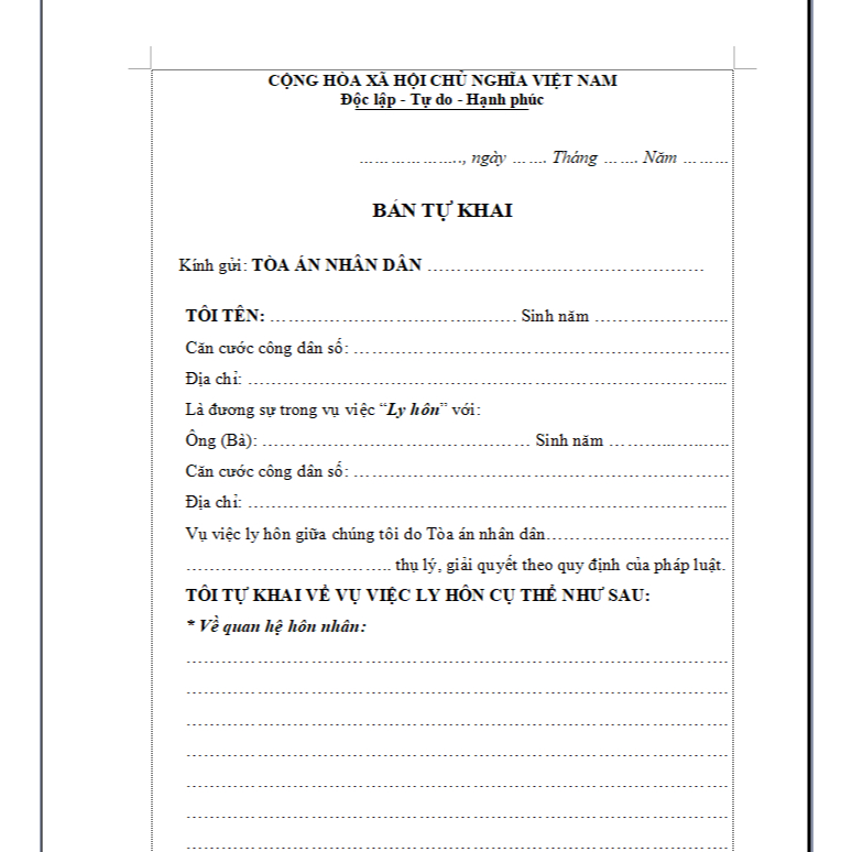 MẪU BẢN TỰ KHAI KHI LY HÔN GIẤY A4 COMBO 03 BẢN