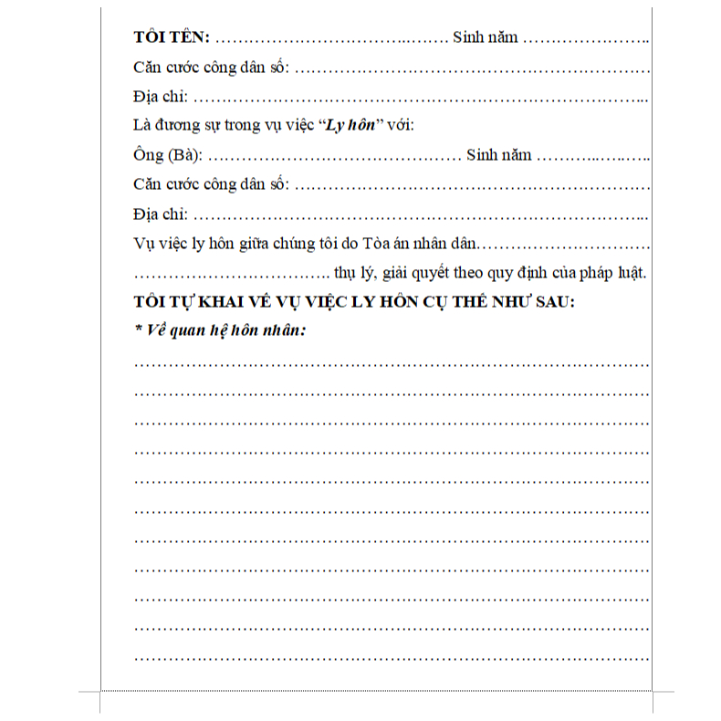 MẪU BẢN TỰ KHAI KHI LY HÔN GIẤY A4 COMBO 03 BẢN