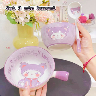 T&T0097 Sét bát sứ có tay cầm 3 món hình KUROMI và hình nơ siêu đáng yêu