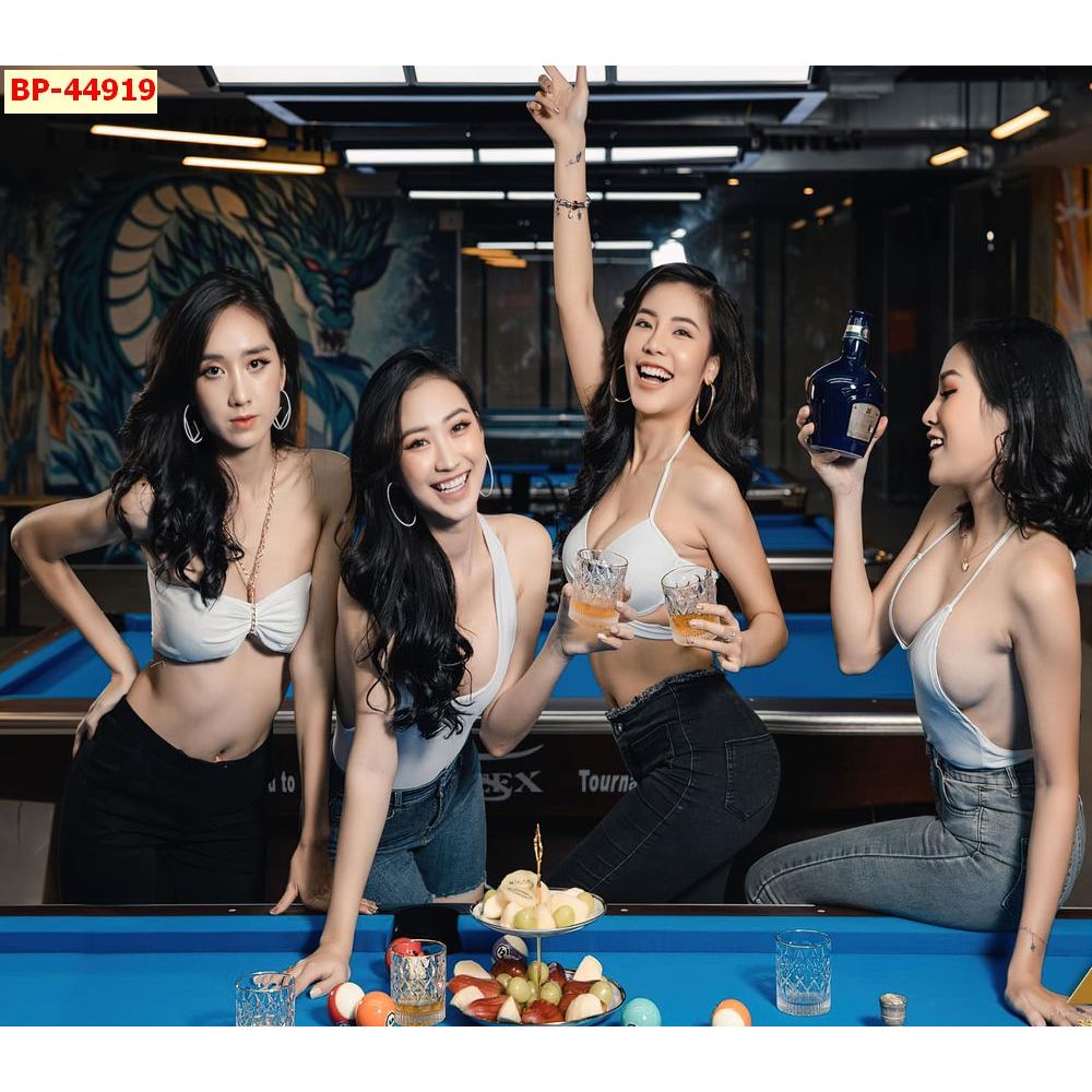 Tranh Dán Tường 3D (Vải Lụa Kim Sa) cao cấp chủ đề bi-a (bida) billards những cô gái xinh đẹp