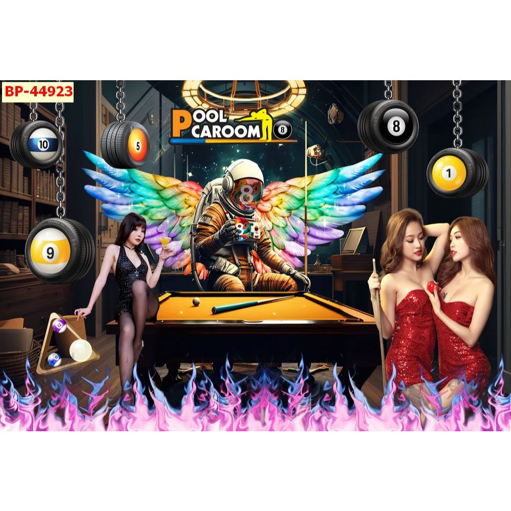 Tranh Dán Tường 3D (Vải Lụa Kim Sa) cao cấp chủ đề bi-a (bida) billards những cô gái xinh đẹp