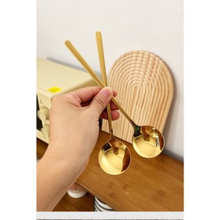 Set 2 muỗng vàng hàn bầu  ăn cơm cán dài inox 304 bản dài 20.4 x 4 cm  - Muỗng Cán Dài