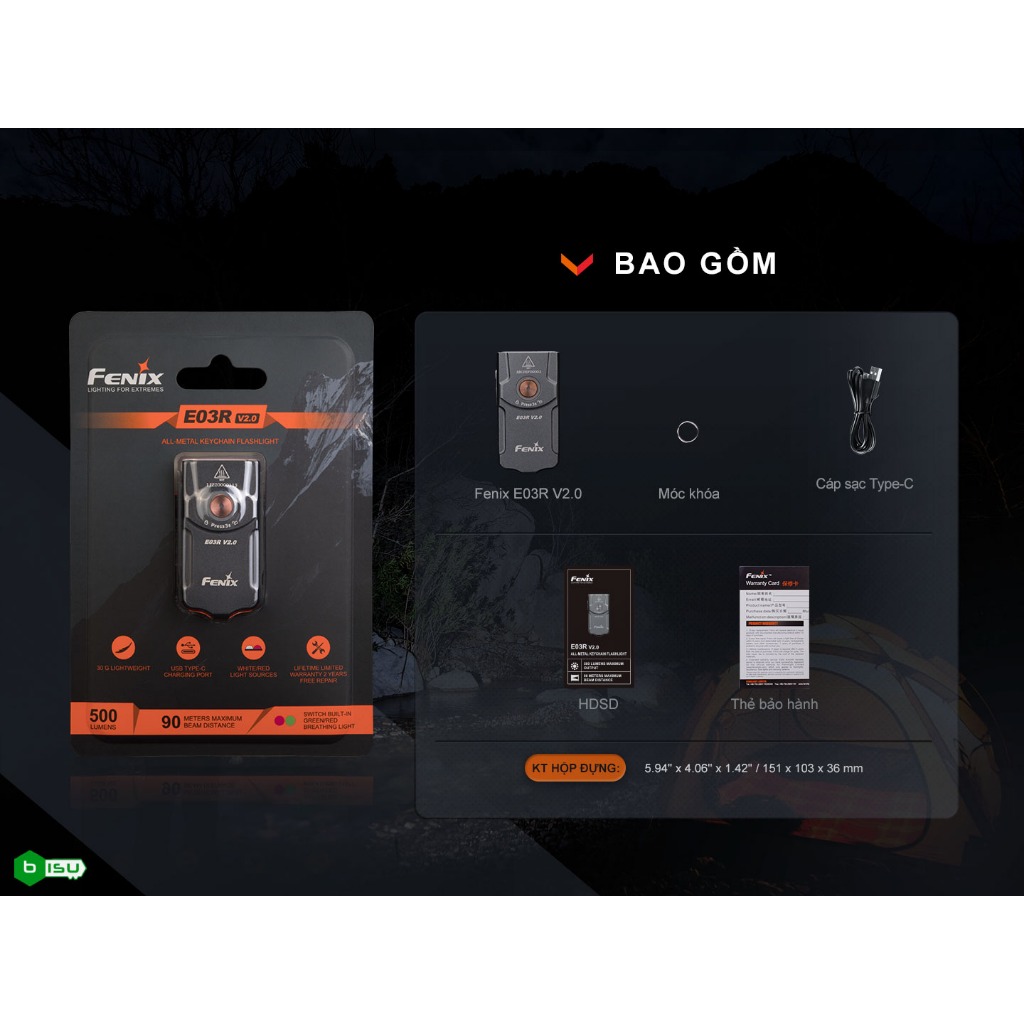 ĐÈN PIN MÓC KHÓA FENIX E03R V2.0 (500 LUMENS)