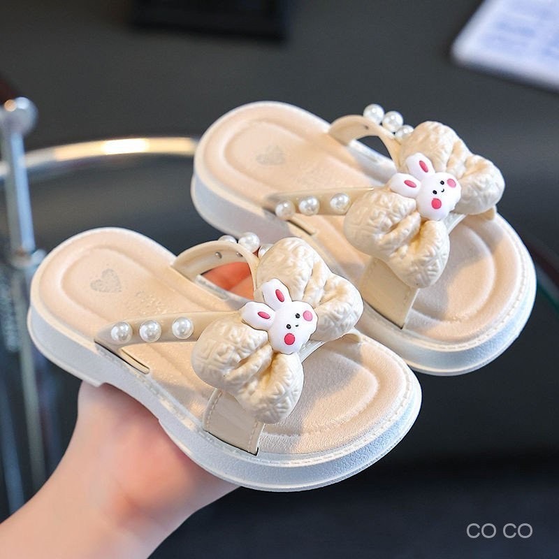 Dép quai ngang nơ gắn thỏ đính hạt quai chéo siêu xinh cho bé gái