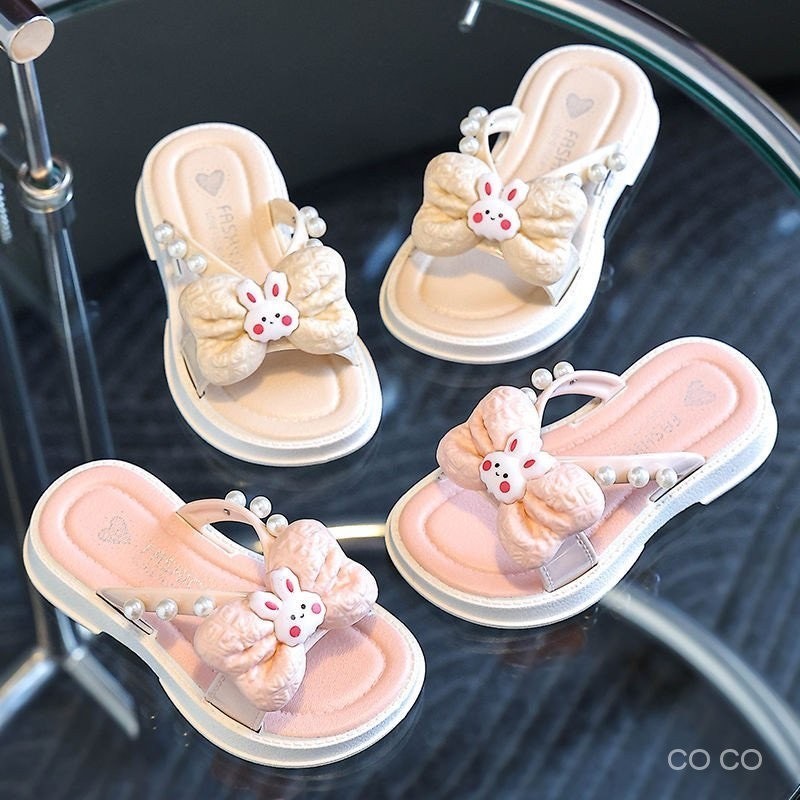 Dép quai ngang nơ gắn thỏ đính hạt quai chéo siêu xinh cho bé gái